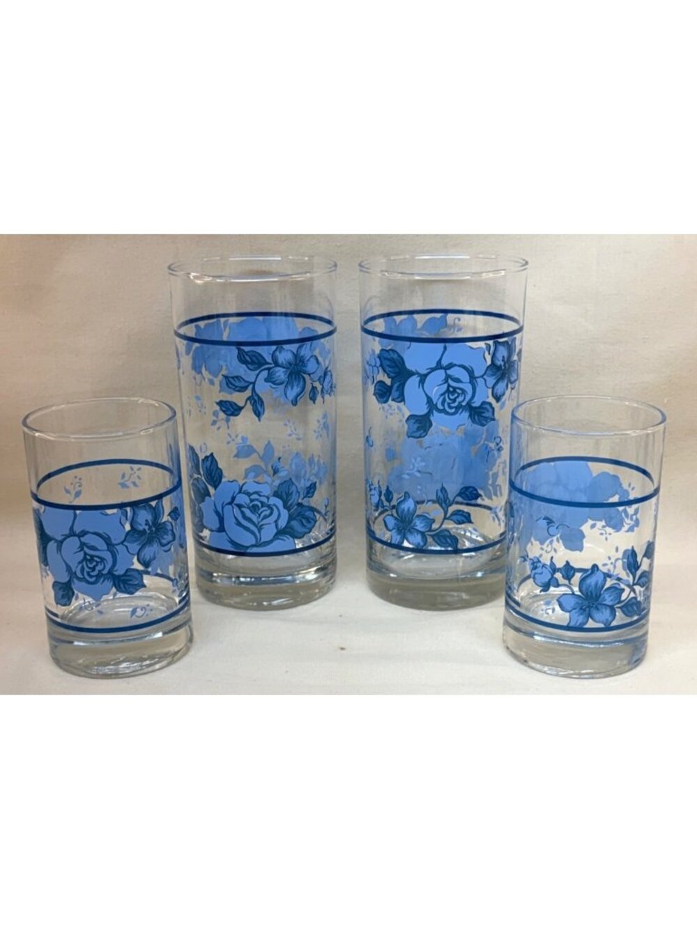4 Crisa Glass Corelle Blue Velvet Roses Iced Tea Juice Drinking Glasses